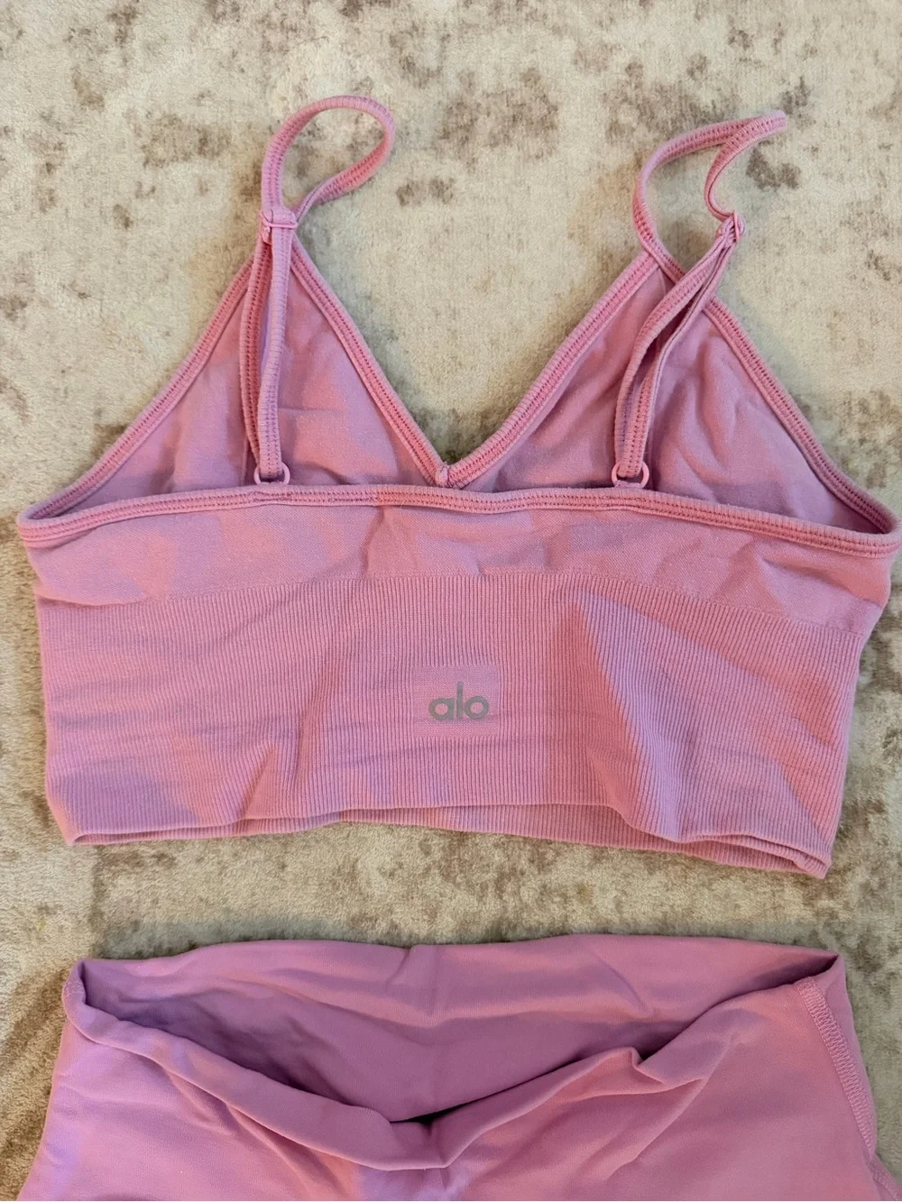 ALO Yoga Pink High-Rise Leggings (S) with Matching Crop Top (M)